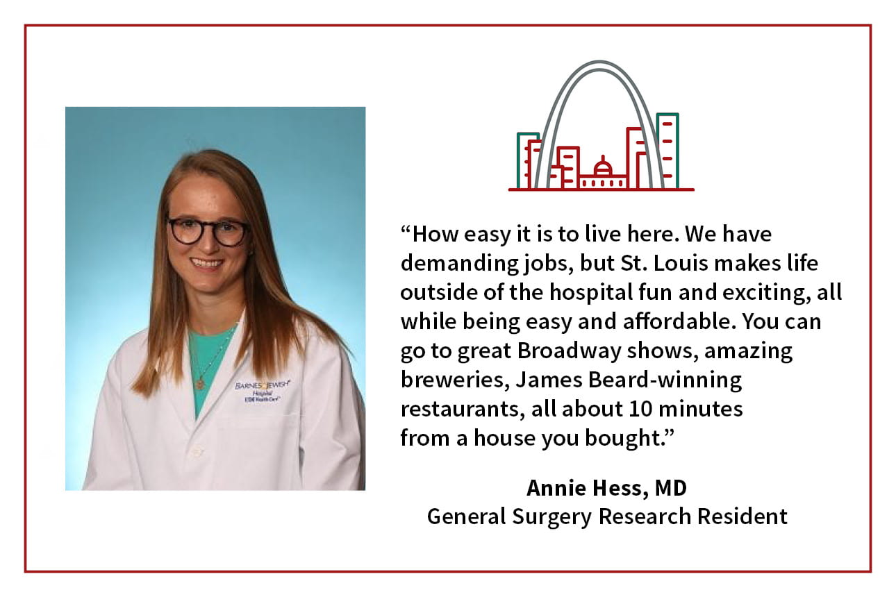 When asked, "What is your favorite thing about living in St. Louis," Annie Hess, general surgery research resident says, “How easy it is to live here. We have demanding jobs, but St. Louis makes life outside of the hospital fun and exciting, all while being easy and affordable. You can go to great Broadway shows, amazing breweries, James Beard-winning restaurants, all about 10 minutes from a house you bought."